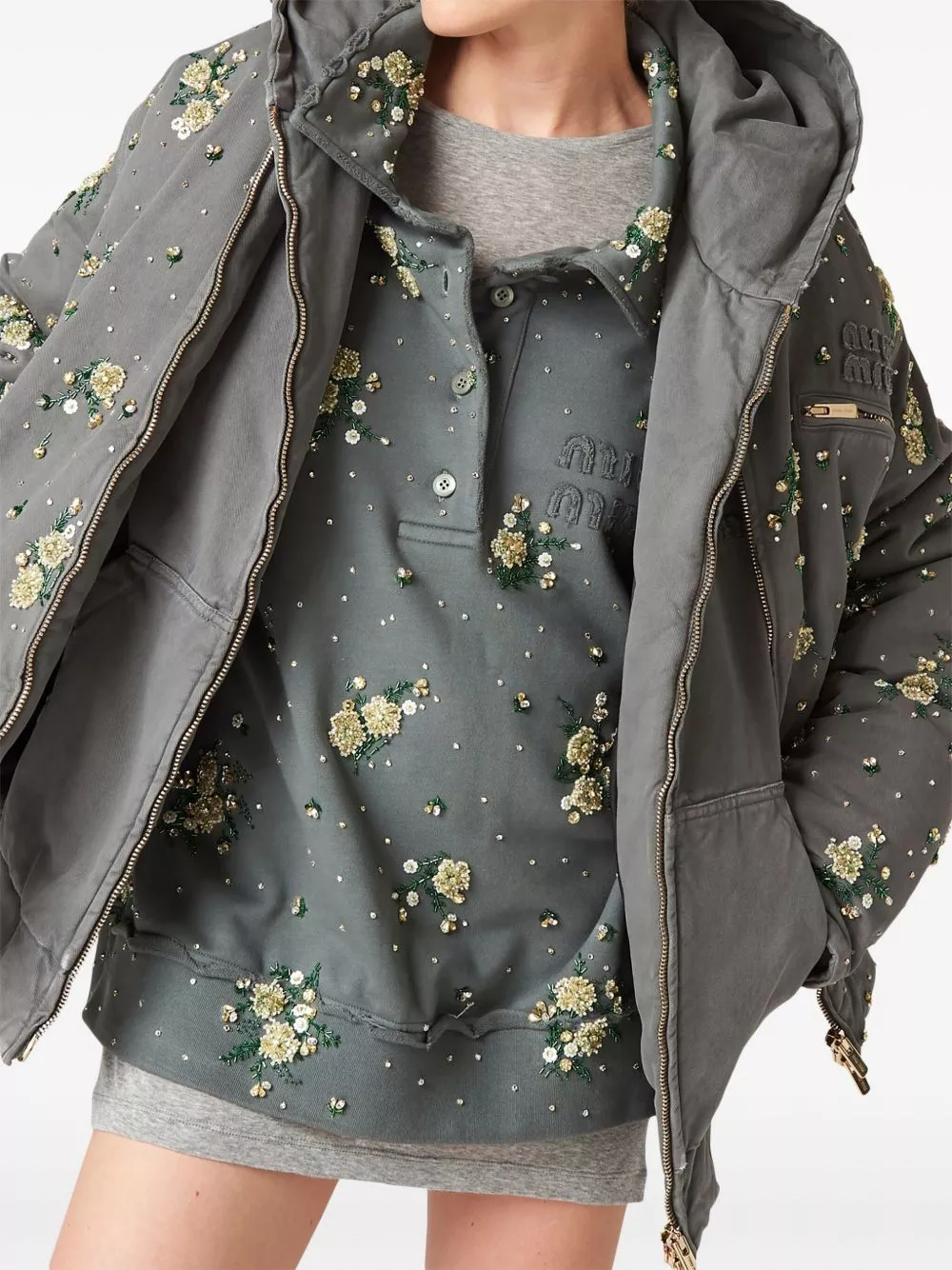 Fake Miu Miu floral-applique cotton shirt jacket Women 0129