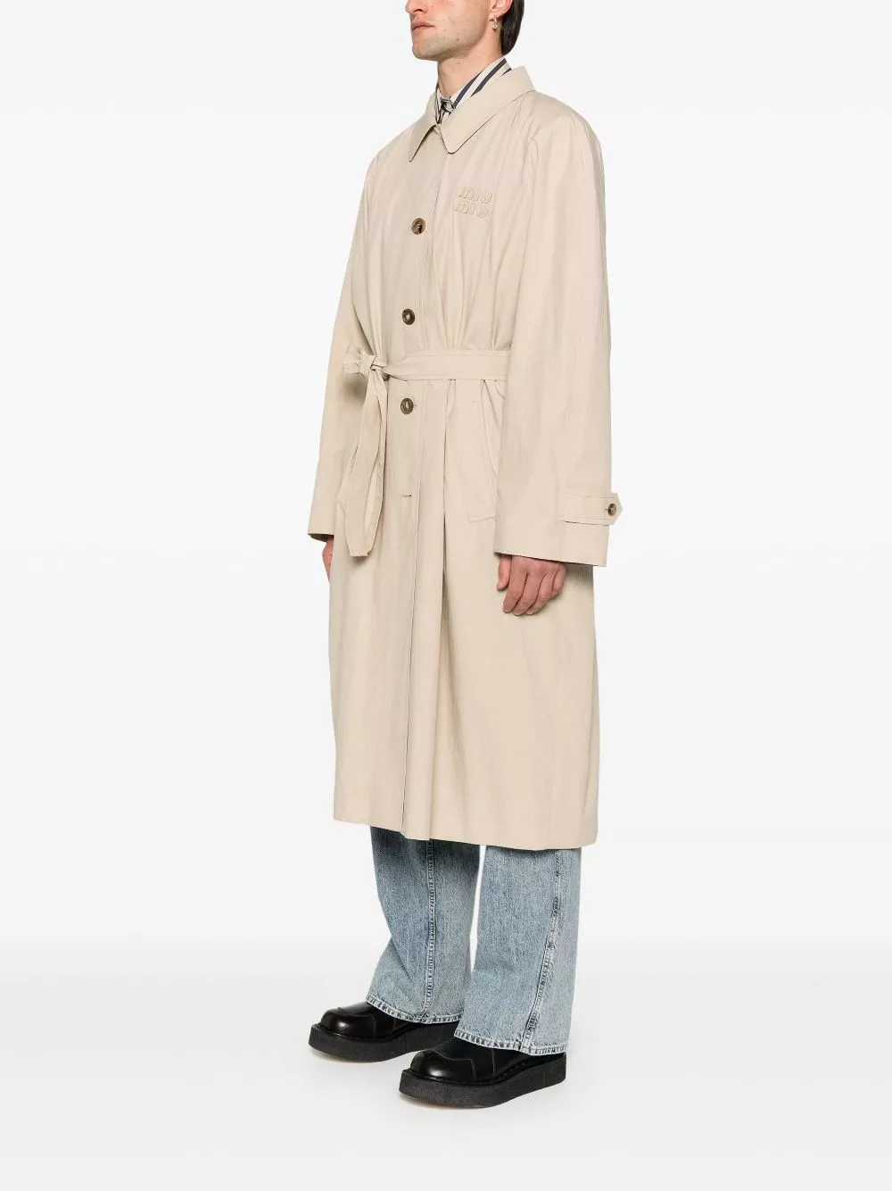 Fake Miu Miu logo-applique long coat Men 0113