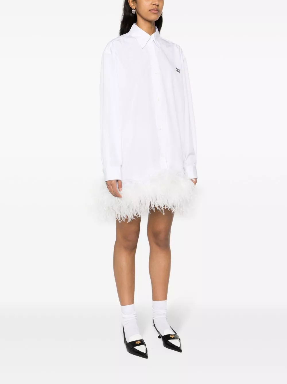 Rep Miu Miu feather-trim mini shirt dress Women 0129