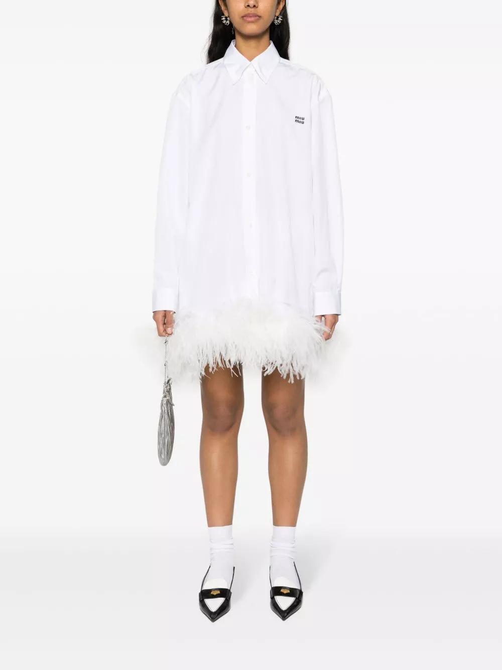 Rep Miu Miu feather-trim mini shirt dress Women 0129