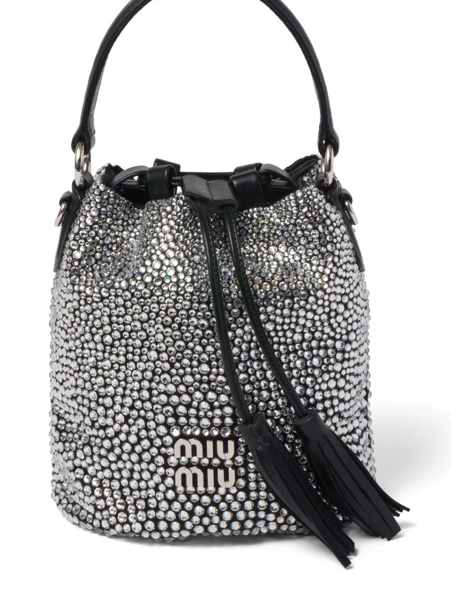 Rep crystal-embellished bucket Women Miu satin bag Miu 0220