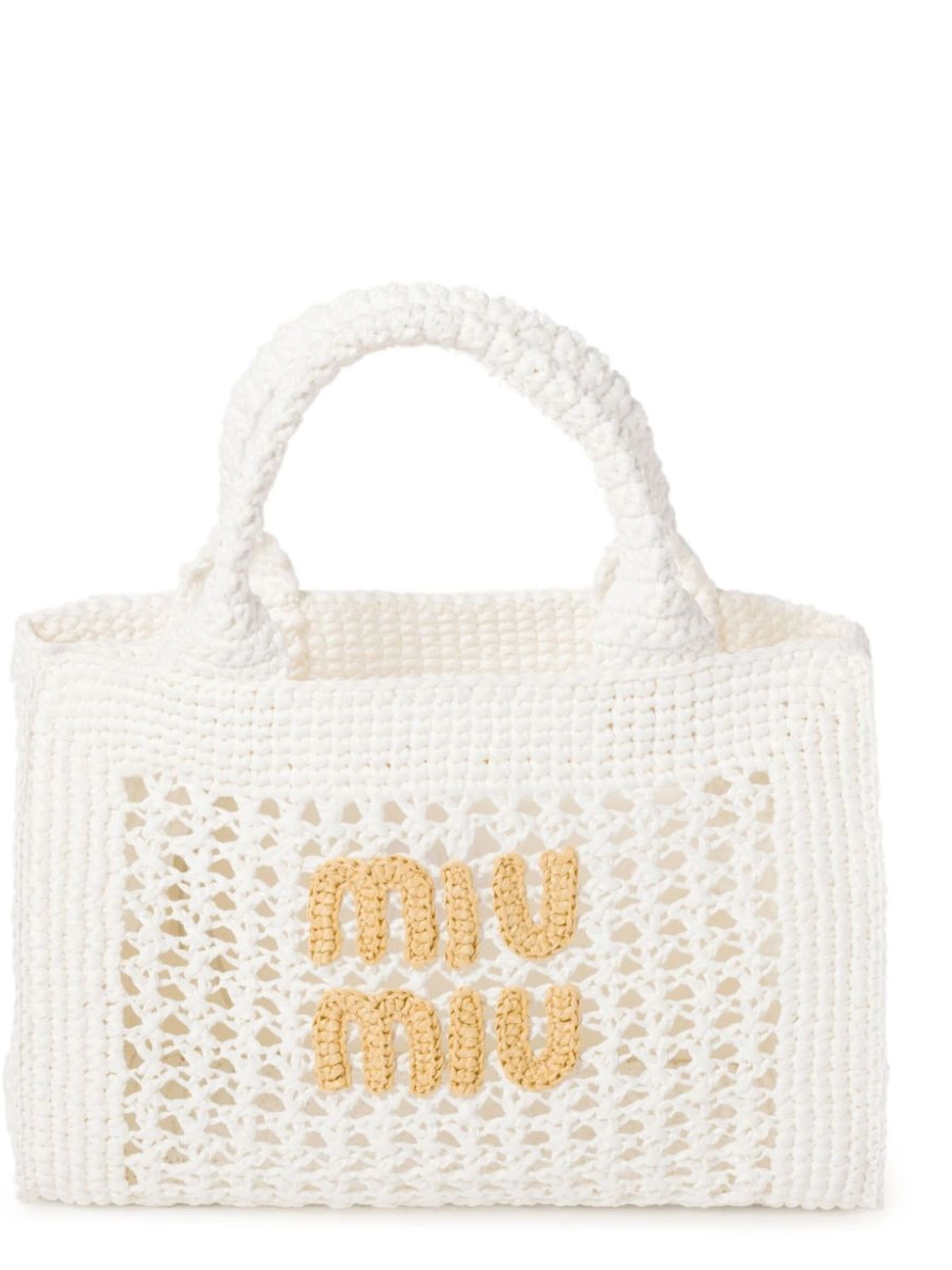 Rep logo-lettering bag Women Miu raffia tote Miu 0217