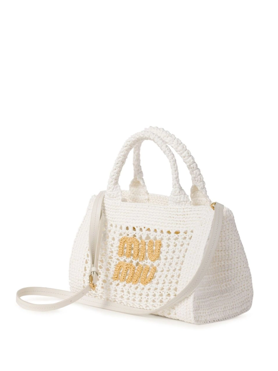 Rep logo-lettering bag Women Miu raffia tote Miu 0217