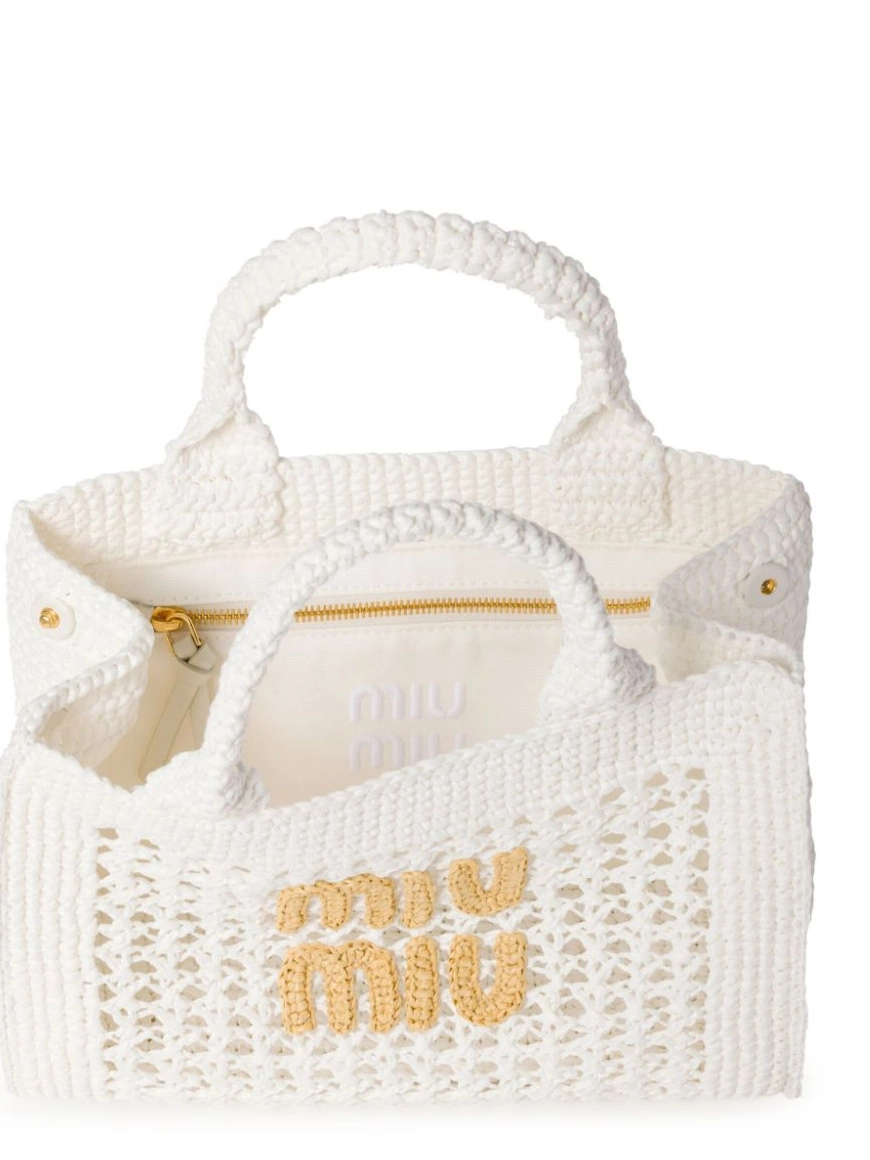 Rep logo-lettering bag Women Miu raffia tote Miu 0217