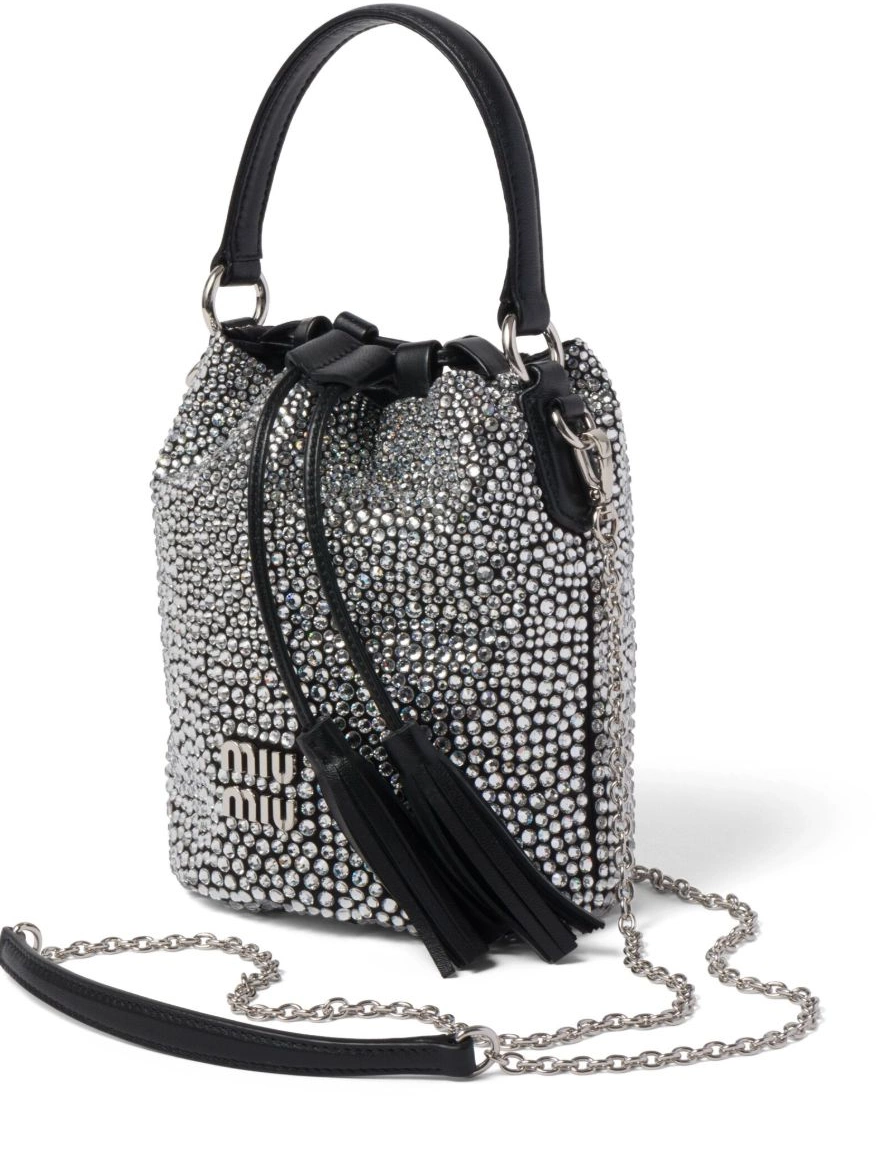 Rep crystal-embellished bucket Women Miu satin bag Miu 0220